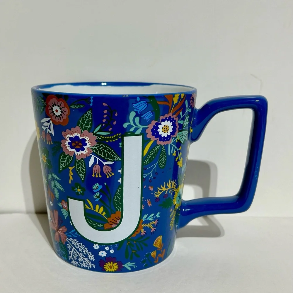 Coffee Mug Cup Ceramic Blue Handle Floral Letter J Kirkland’s Home 4x5.5x4